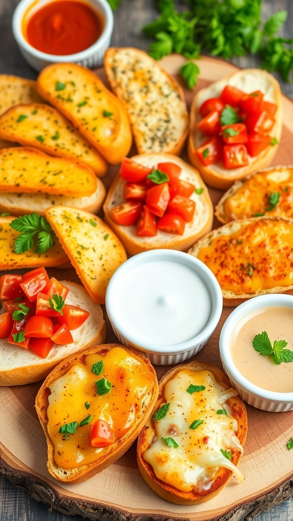 A colorful assortment of garlic bread, bruschetta, and cheese toast on a wooden platter.